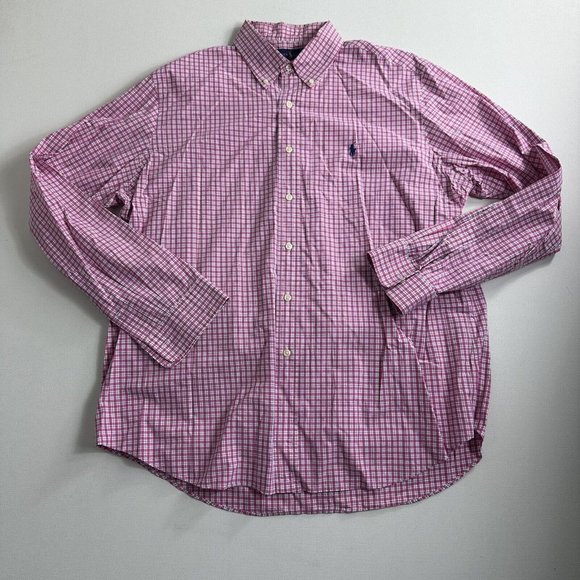 Polo Ralph Lauren Button Up Shirt Gingham Pink Plaid Men Long Sleeve Size Medium - Picture 1 of 9